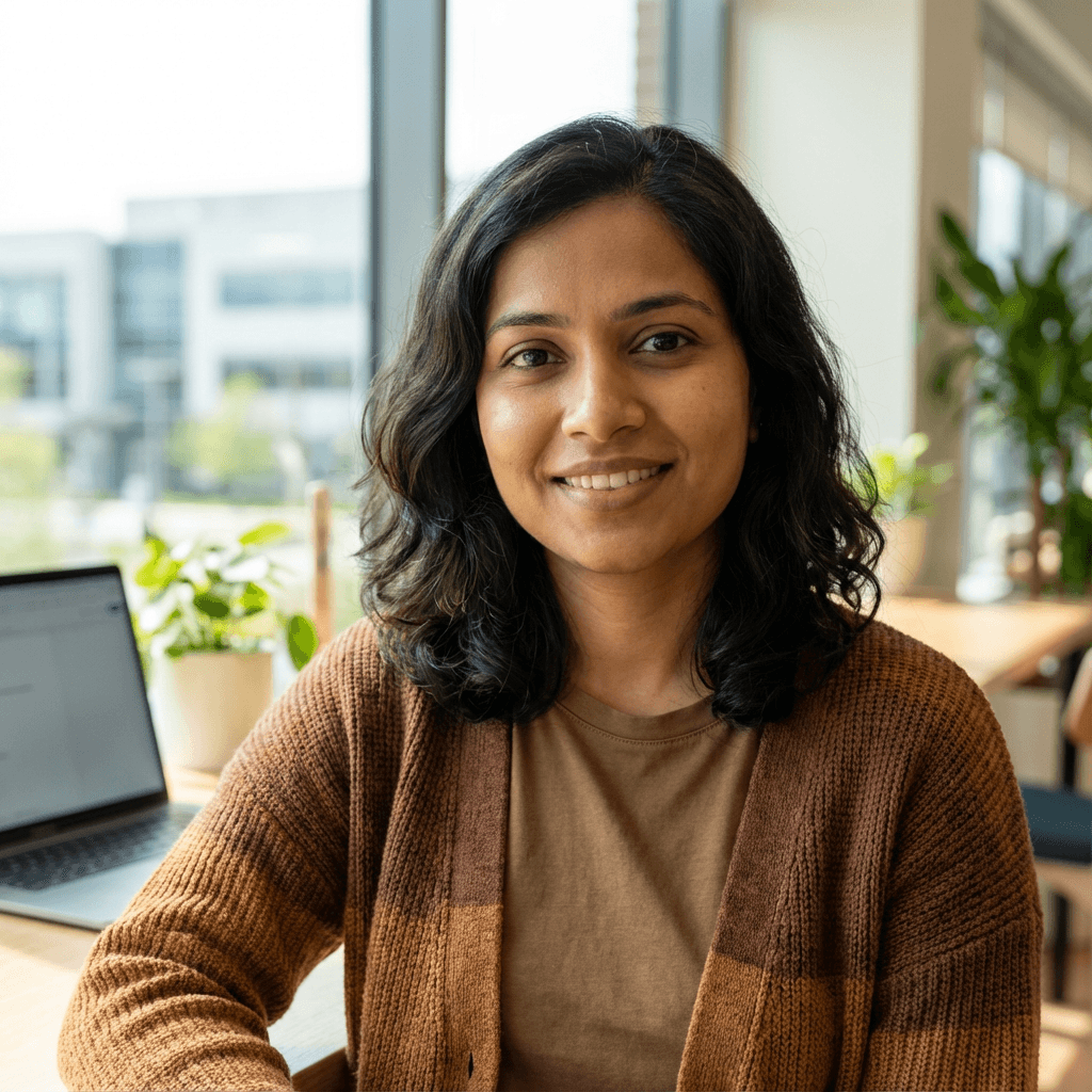 Aisha K. smiling in a community office
