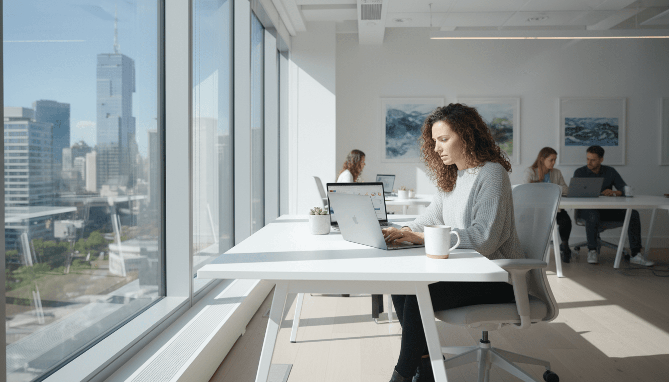 Freelance consultant working at a laptop in a bright modern office