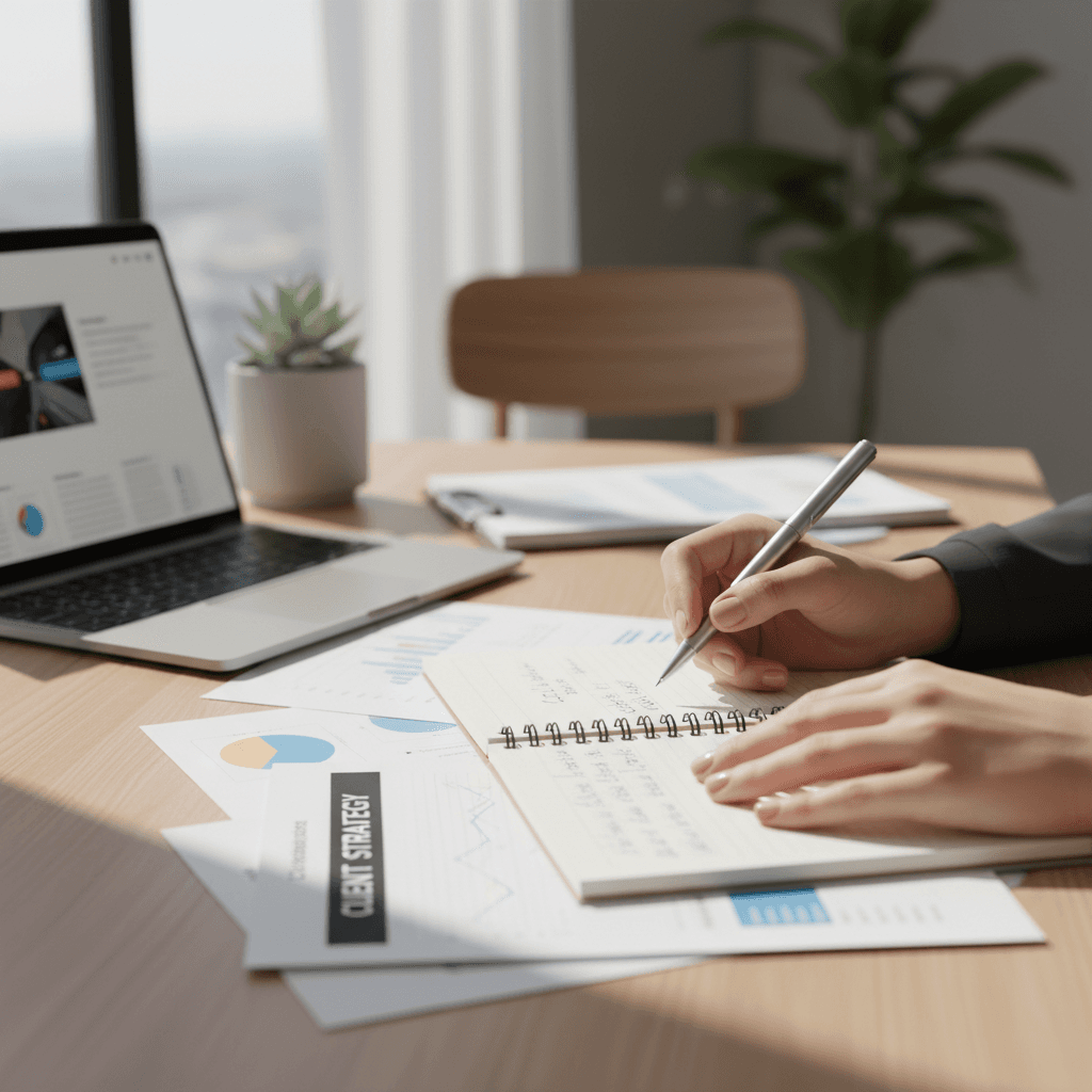 Freelance consultant in a bright modern office reviewing project notes on a laptop