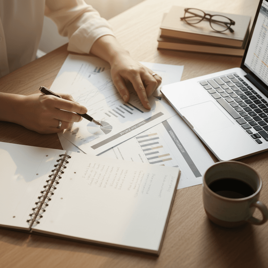Consultant reviewing project documents at a bright modern desk